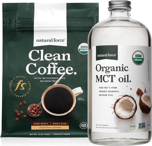 Organic Dark Roast Clean Coffee and MCT Oil Bundle - Non-GMO, Keto, Paleo, Vegan - 100% Pure Coconut MCTs - Mold & Mycotoxin Free - 12 Oz and 32 Oz