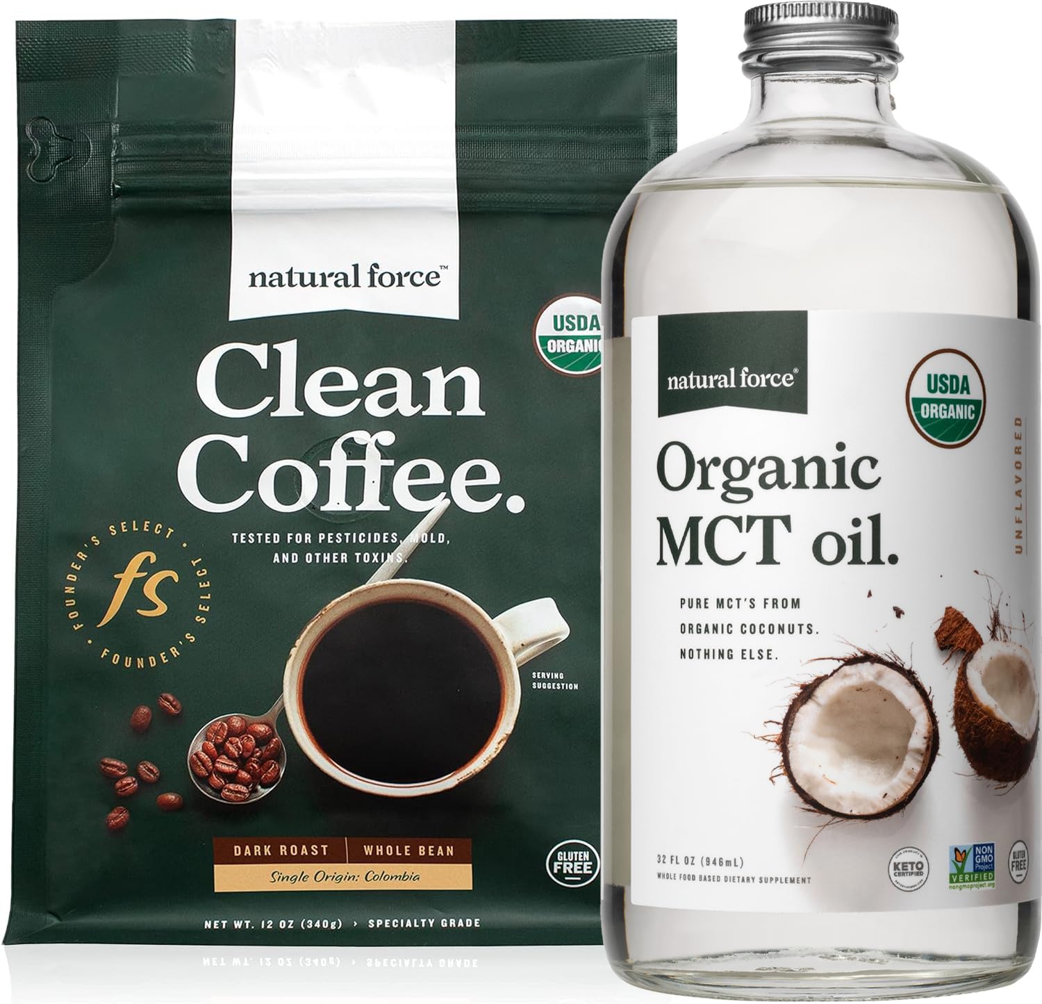 Organic Dark Roast Clean Coffee and MCT Oil Bundle - Non-GMO, Keto, Paleo, Vegan - 100% Pure Coconut MCTs - Mold & Mycotoxin Free - 12 Oz and 32 Oz