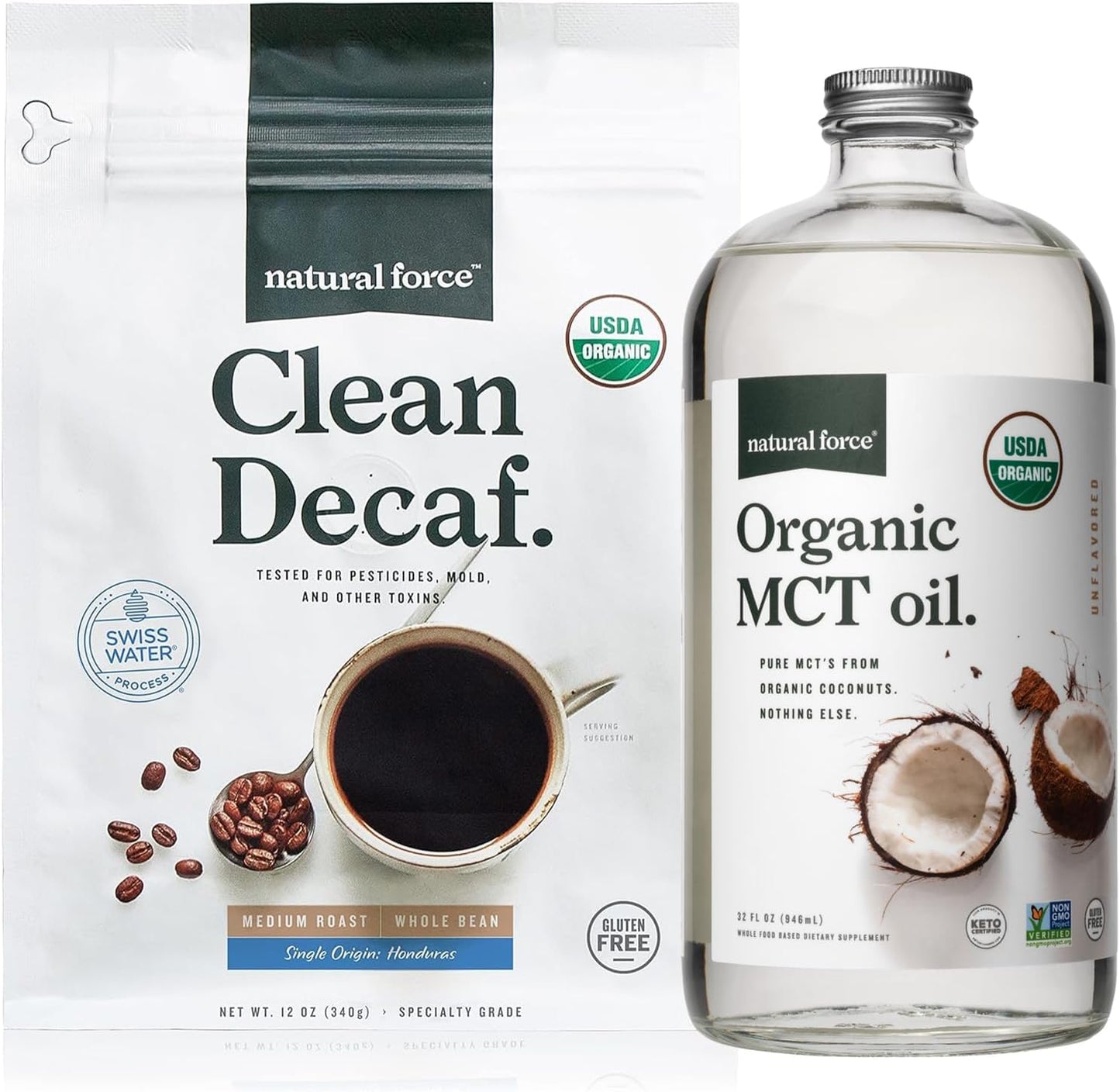 Organic Decaf Coffee and MCT Oil Bundle - Pure Coconut MCTs, Mold & Mycotoxin Free - Non-GMO, Keto, Paleo, Vegan - 12 Oz and 32 Oz