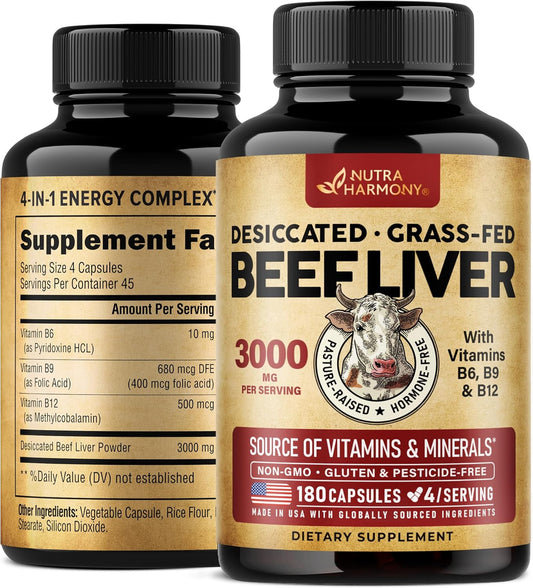Organic Desiccated Beef Liver Capsules 3000 mg - Grass-Fed Argentinian Liver Supplement with Vitamin B-Complex - Energy, Focus, and Skin Support - 180 Capsules