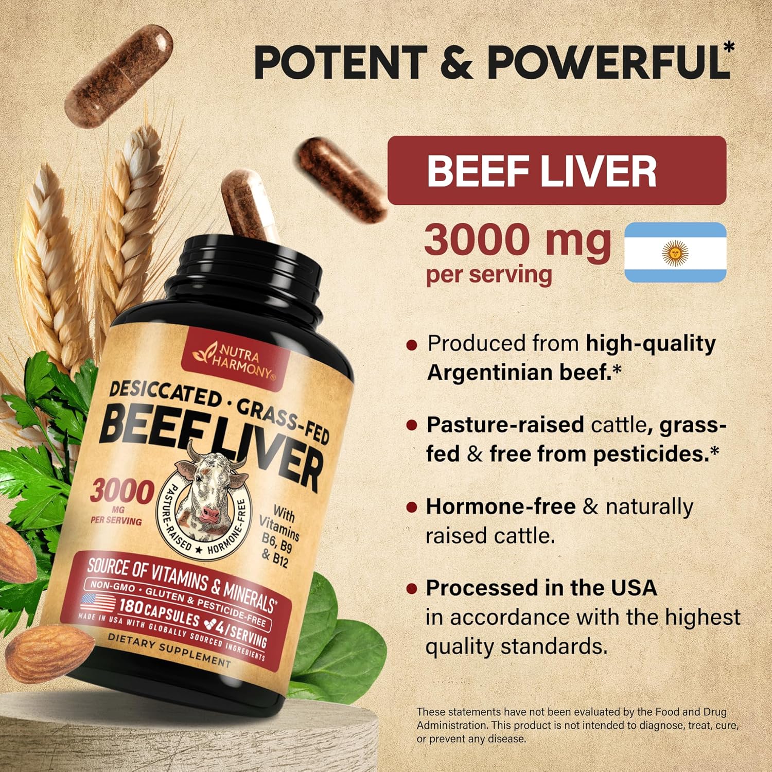 Organic Desiccated Beef Liver Capsules 3000 mg - Grass-Fed Argentinian Liver Supplement with Vitamin B-Complex - Energy, Focus, and Skin Support - 180 Capsules