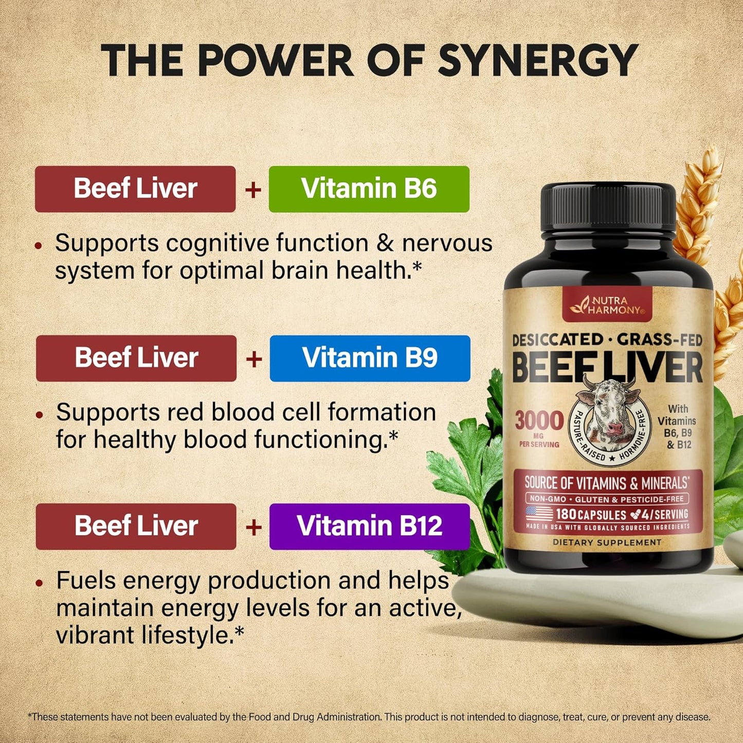 Organic Desiccated Beef Liver Capsules 3000 mg - Grass-Fed Argentinian Liver Supplement with Vitamin B-Complex - Energy, Focus, and Skin Support - 180 Capsules