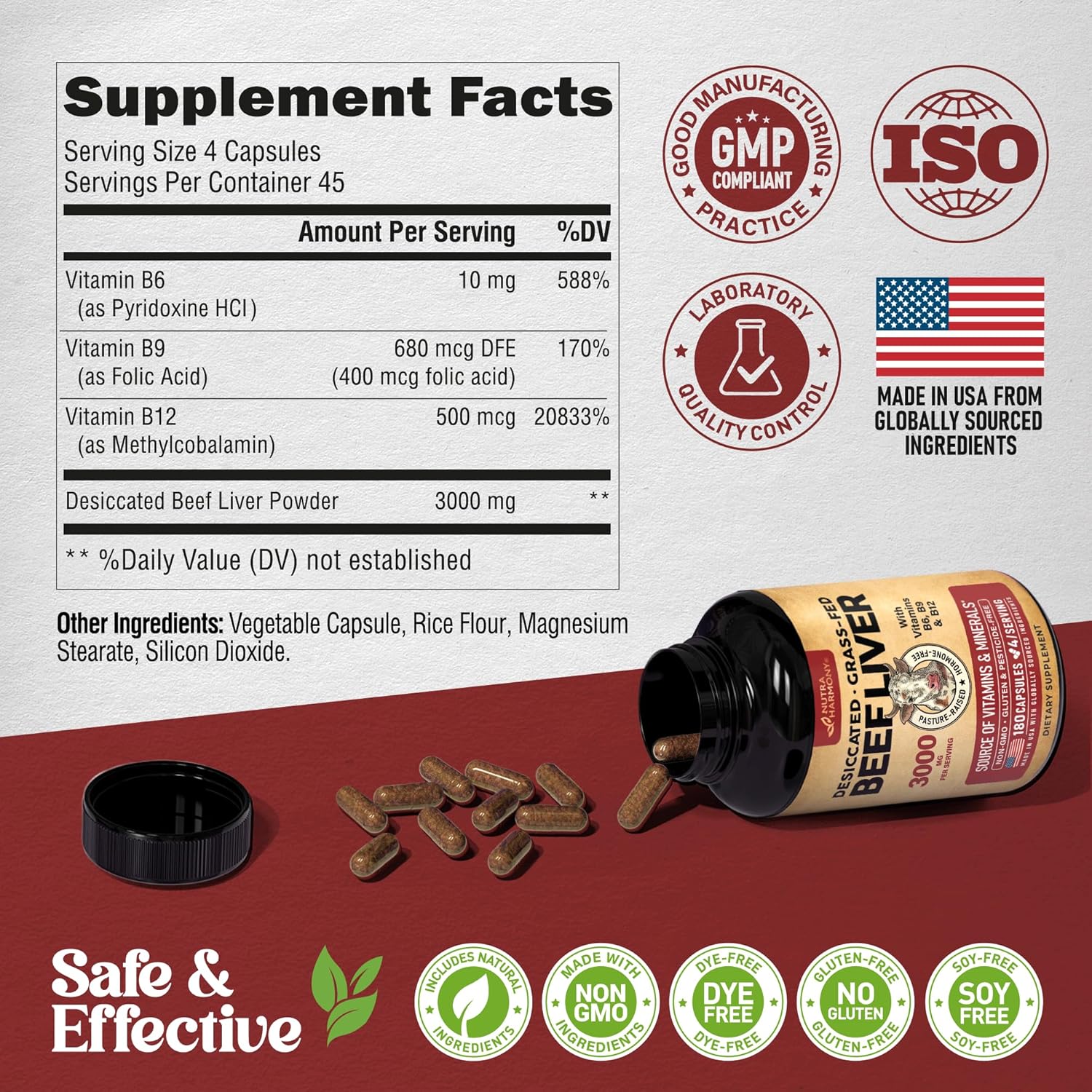 Organic Desiccated Beef Liver Capsules 3000 mg - Grass-Fed Argentinian Liver Supplement with Vitamin B-Complex - Energy, Focus, and Skin Support - 180 Capsules