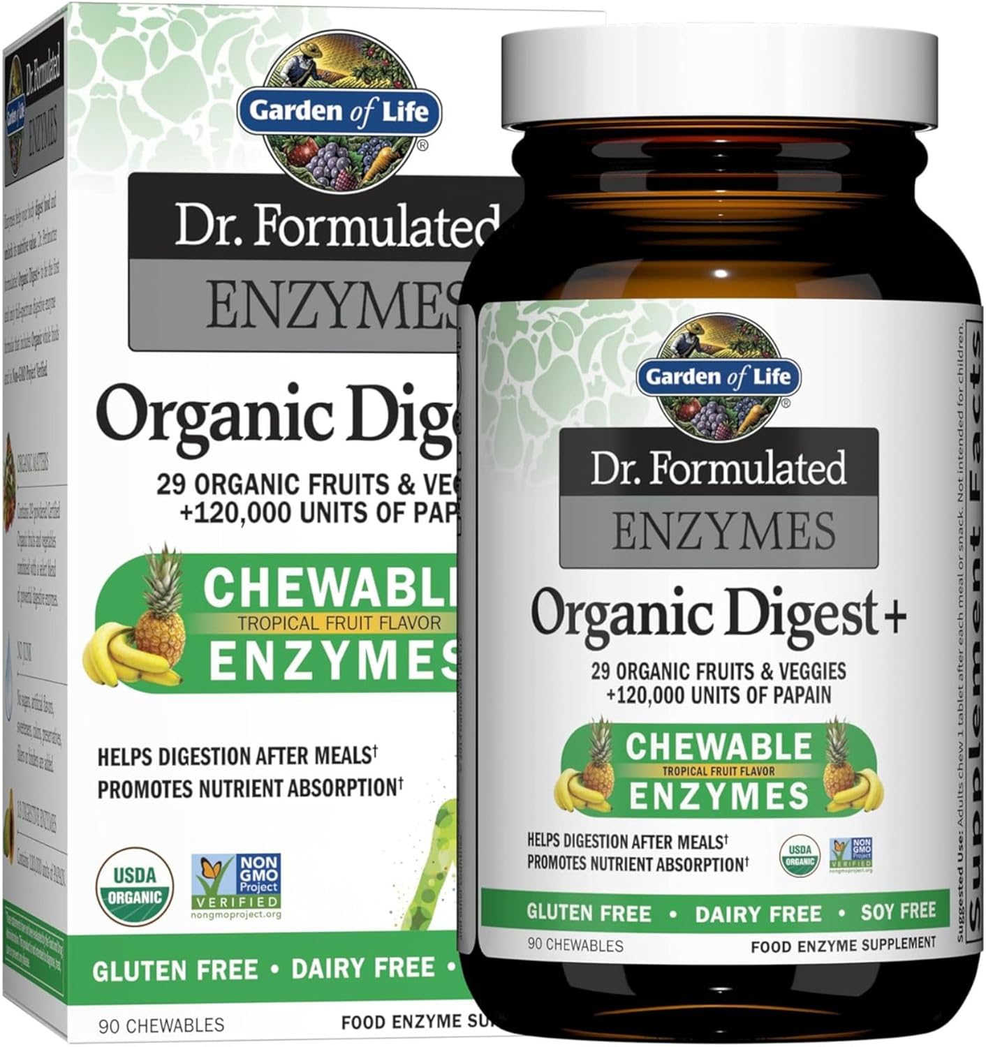 Organic Digest+ Digestive Enzymes with Papain, Bromelain, Lipase - Vegan & Gluten-Free Chewables for Digestion & Nutrient Absorption - Tropical Fruit Flavor - 90 Count