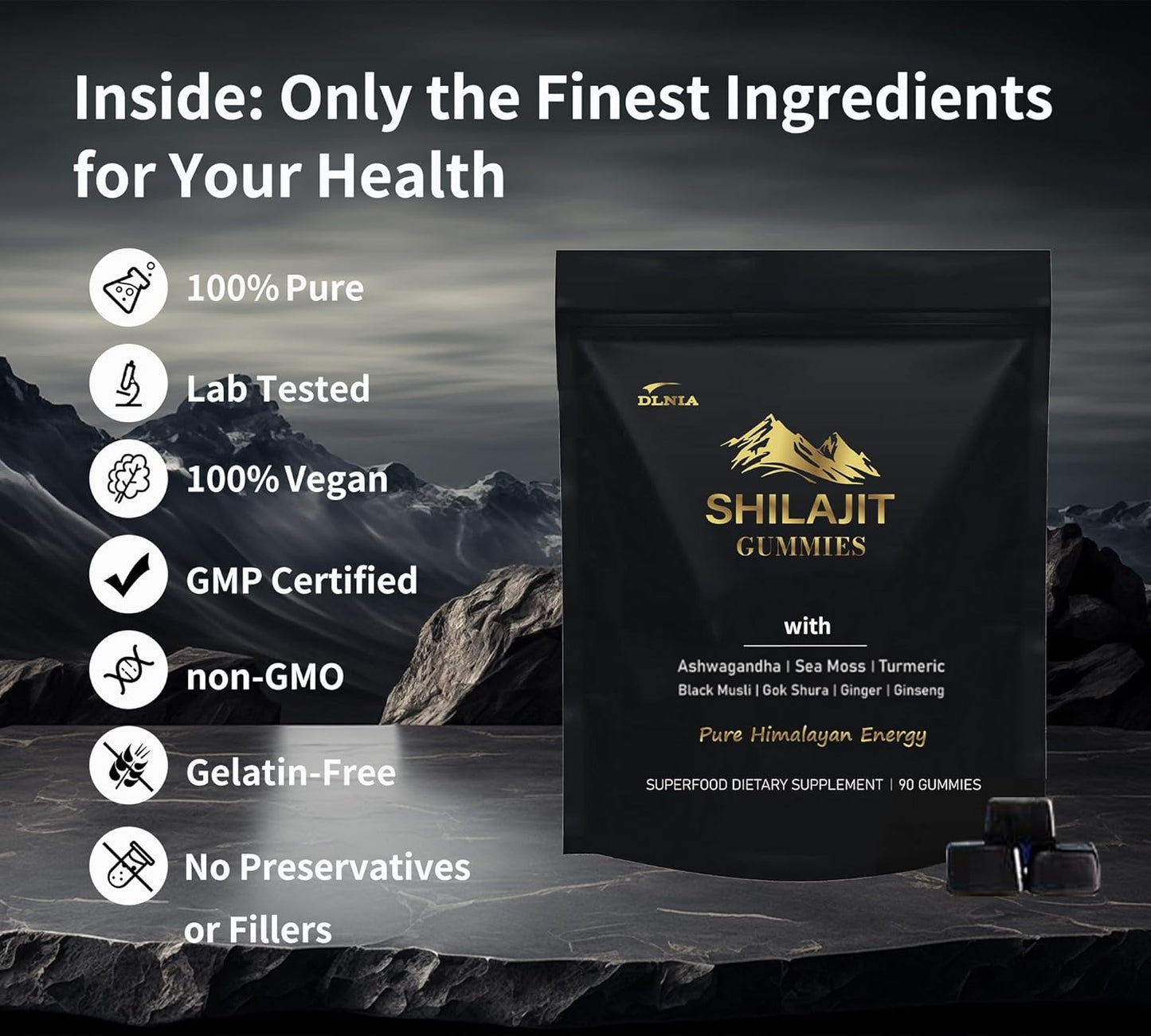 Organic DLNIA Shilajit Gummies with Ashwagandha, Sea Moss, Turmeric - Vegan Himalayan Shilajit Supplement for Immune Support & Overall Health