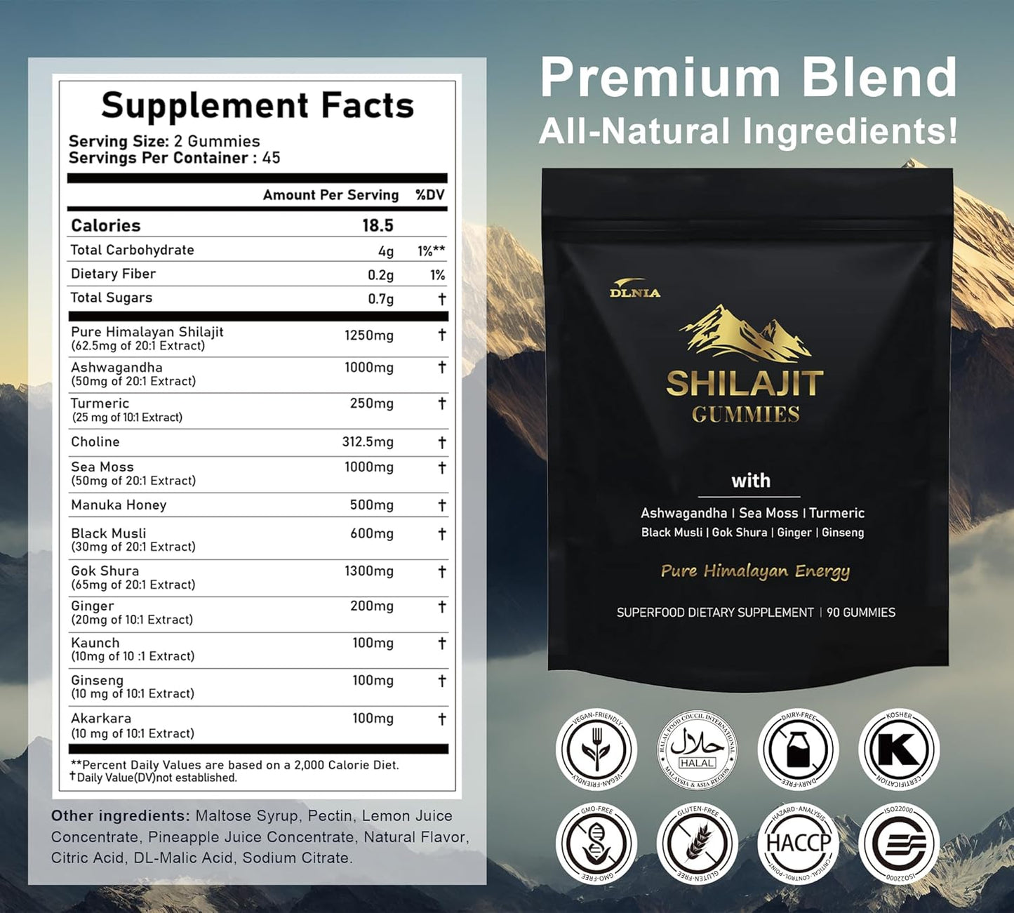 Organic DLNIA Shilajit Gummies with Ashwagandha, Sea Moss, Turmeric - Vegan Himalayan Shilajit Supplement for Immune Support & Overall Health