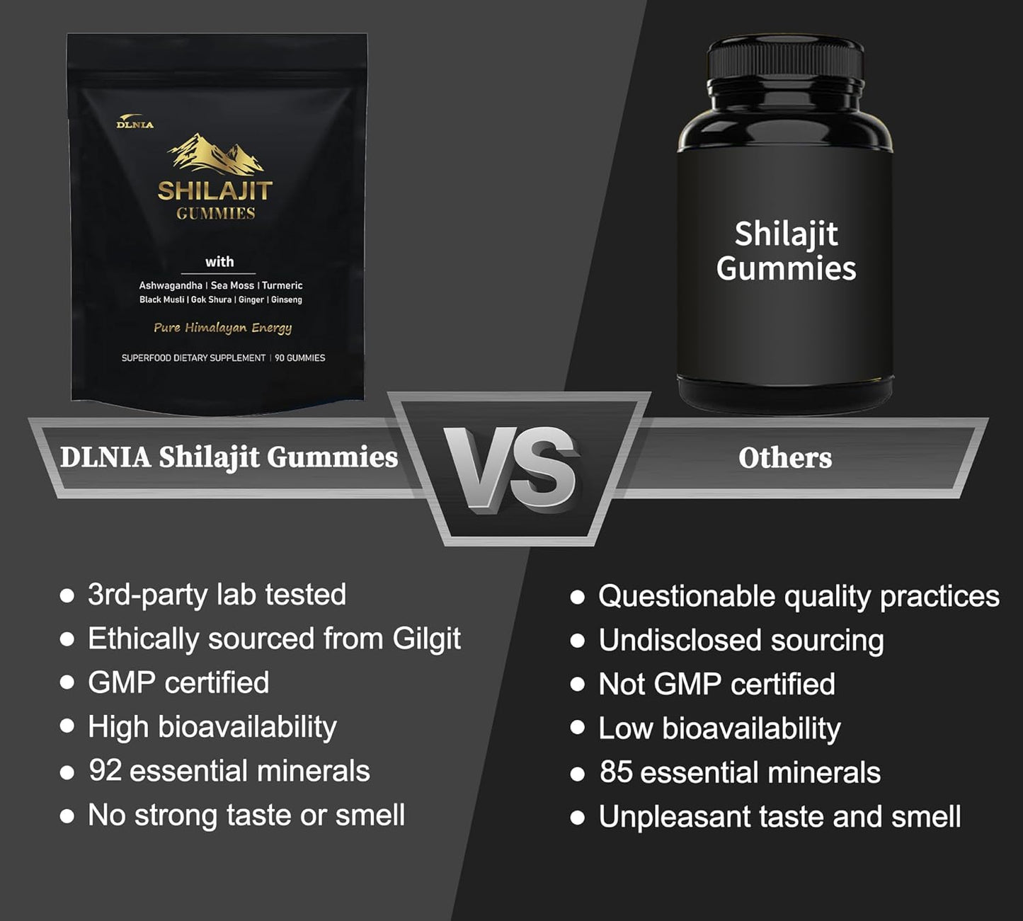 Organic DLNIA Shilajit Gummies with Ashwagandha, Sea Moss, Turmeric - Vegan Himalayan Shilajit Supplement for Immune Support & Overall Health