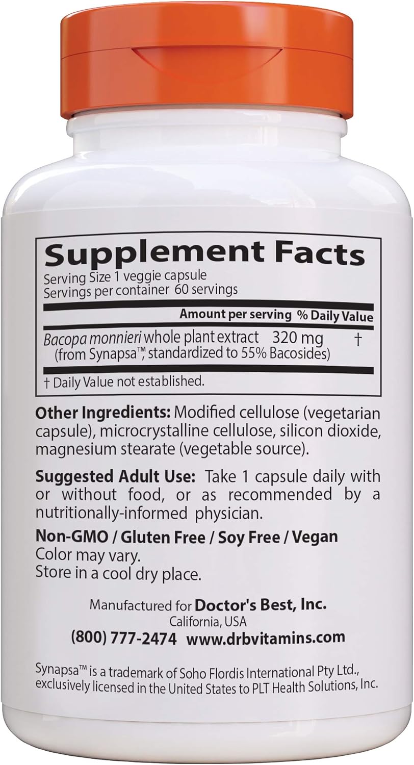 Organic Doctor's Best Bacopa 60 Veggie Capsules for Cognitive Performance - Non-GMO, Gluten-Free, Soy-Free, Vegan Supplement