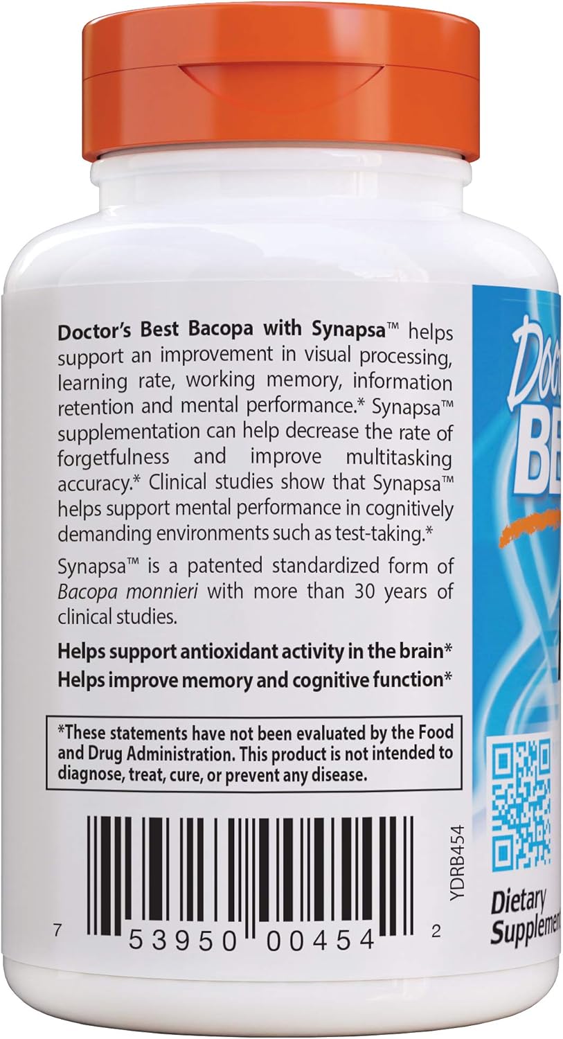 Organic Doctor's Best Bacopa 60 Veggie Capsules for Cognitive Performance - Non-GMO, Gluten-Free, Soy-Free, Vegan Supplement