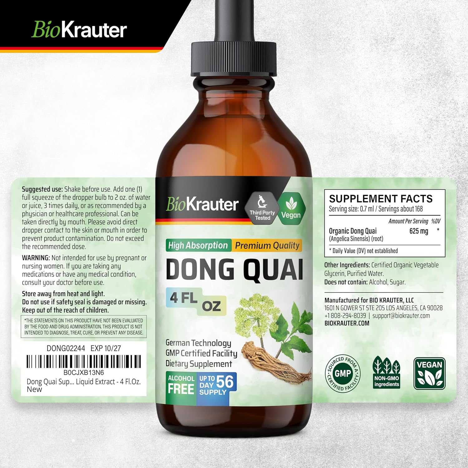 Organic Dong Quai Tincture - Women's Health Support - Alcohol-Free Angelica Root Extract - Vegan Herbal Drops - 4 Fl.Oz.