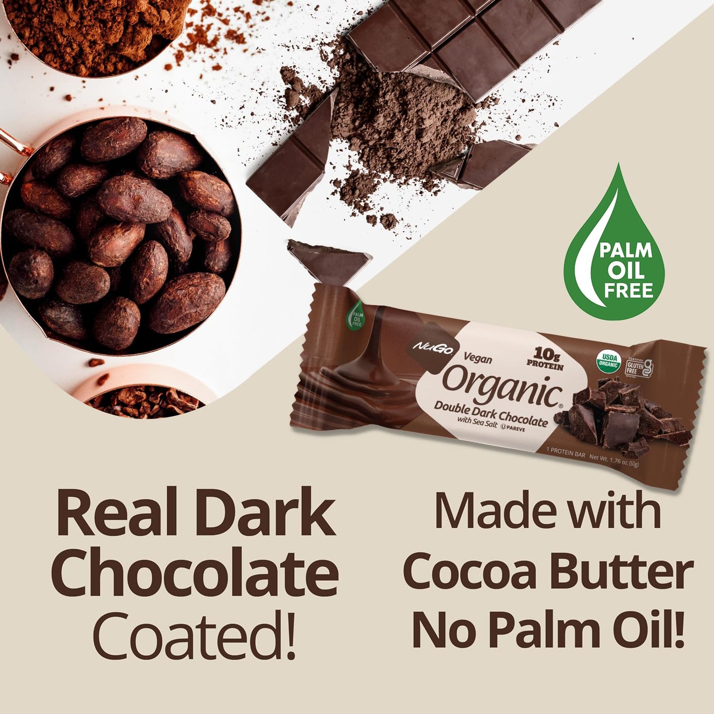 Organic Double Dark Chocolate with Sea Salt Protein Bars - Vegan, Gluten Free, Non-GMO, Kosher Pareve - 12 Count