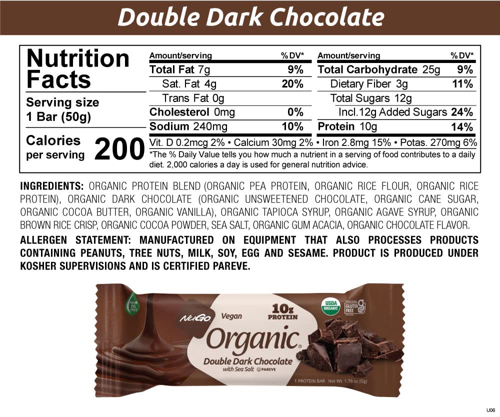 Organic Double Dark Chocolate with Sea Salt Protein Bars - Vegan, Gluten Free, Non-GMO, Kosher Pareve - 12 Count