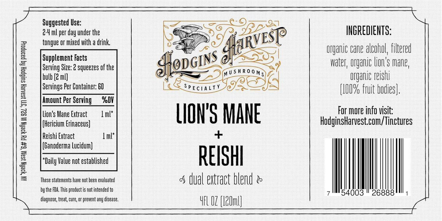 Organic Dual Extract Lion's Mane + Reishi Tincture | Grown on USA Farm | Extra-Concentrated (4 fl oz)