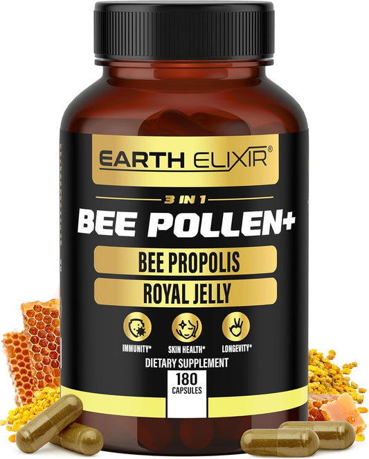 Organic Earth Elixir 3-in-1 Bee Pollen Capsules (180 Count) - Bee Propolis & Royal Jelly - Third Party Tested - Natural Bee Pollen Supplement - No Fillers