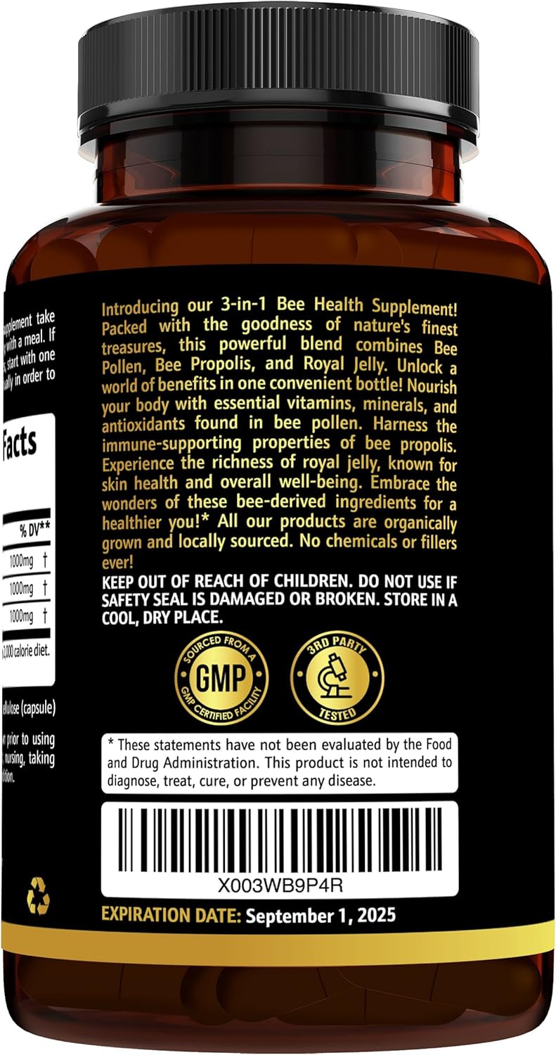Organic Earth Elixir 3-in-1 Bee Pollen Capsules (180 Count) - Bee Propolis & Royal Jelly - Third Party Tested - Natural Bee Pollen Supplement - No Fillers