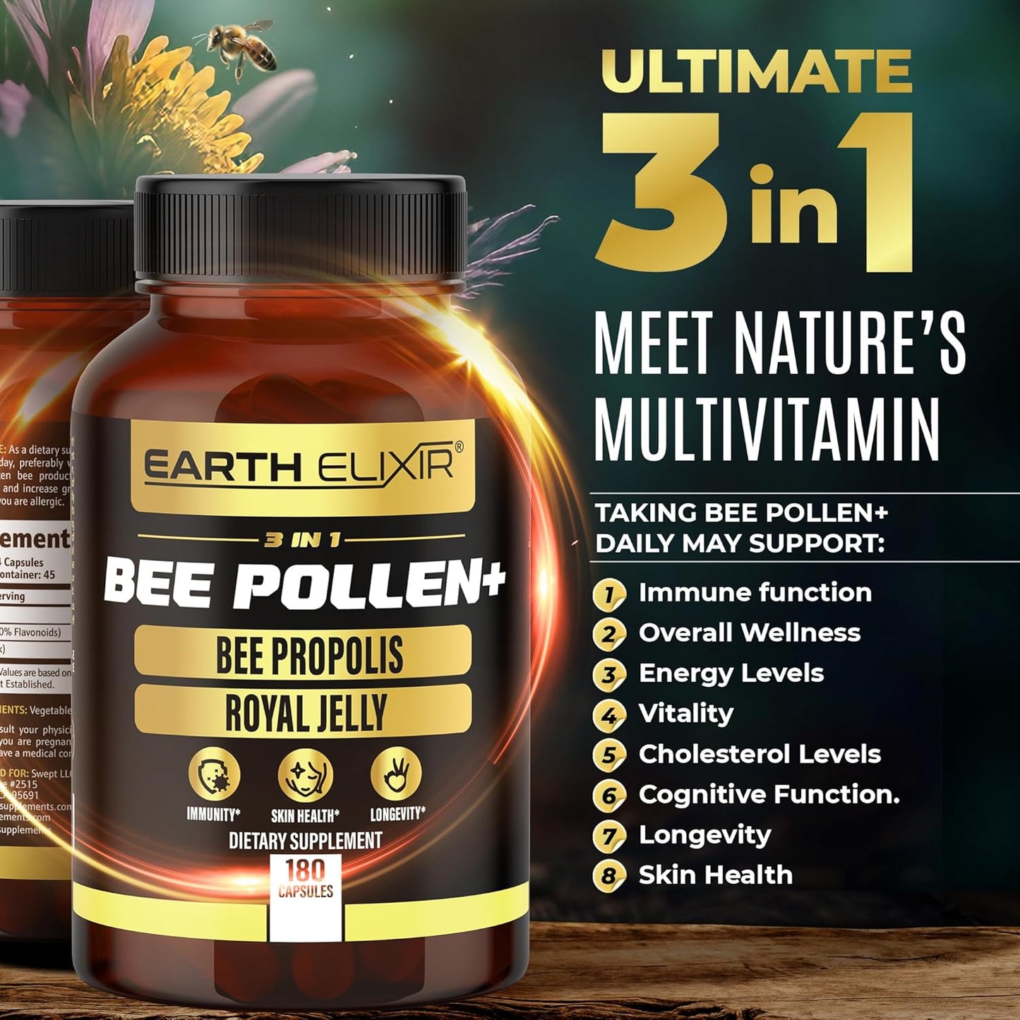 Organic Earth Elixir 3-in-1 Bee Pollen Capsules (180 Count) - Bee Propolis & Royal Jelly - Third Party Tested - Natural Bee Pollen Supplement - No Fillers