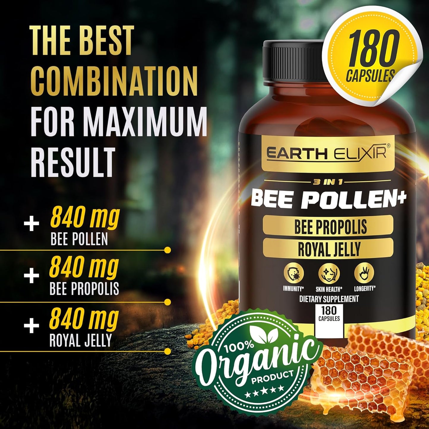 Organic Earth Elixir 3-in-1 Bee Pollen Capsules (180 Count) - Bee Propolis & Royal Jelly - Third Party Tested - Natural Bee Pollen Supplement - No Fillers