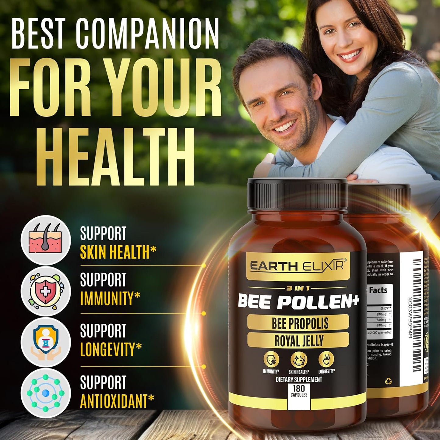 Organic Earth Elixir 3-in-1 Bee Pollen Capsules (180 Count) - Bee Propolis & Royal Jelly - Third Party Tested - Natural Bee Pollen Supplement - No Fillers