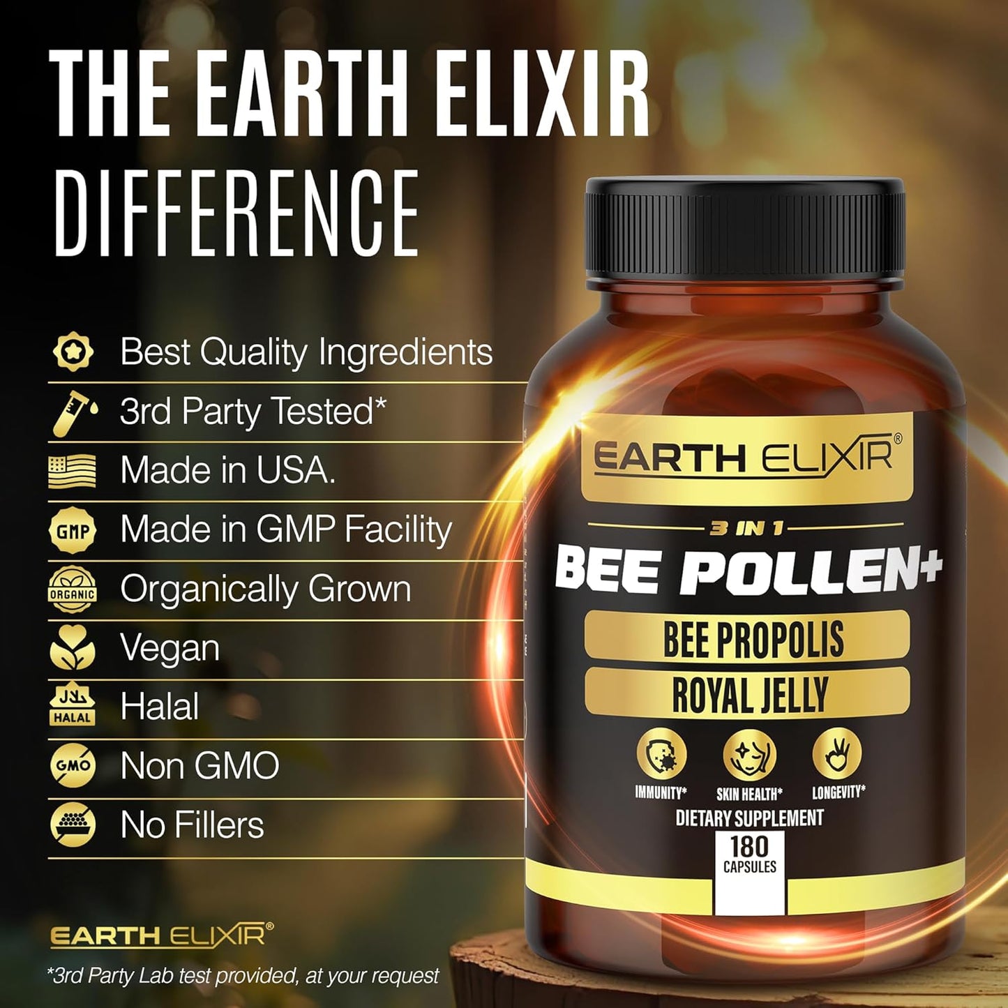 Organic Earth Elixir 3-in-1 Bee Pollen Capsules (180 Count) - Bee Propolis & Royal Jelly - Third Party Tested - Natural Bee Pollen Supplement - No Fillers