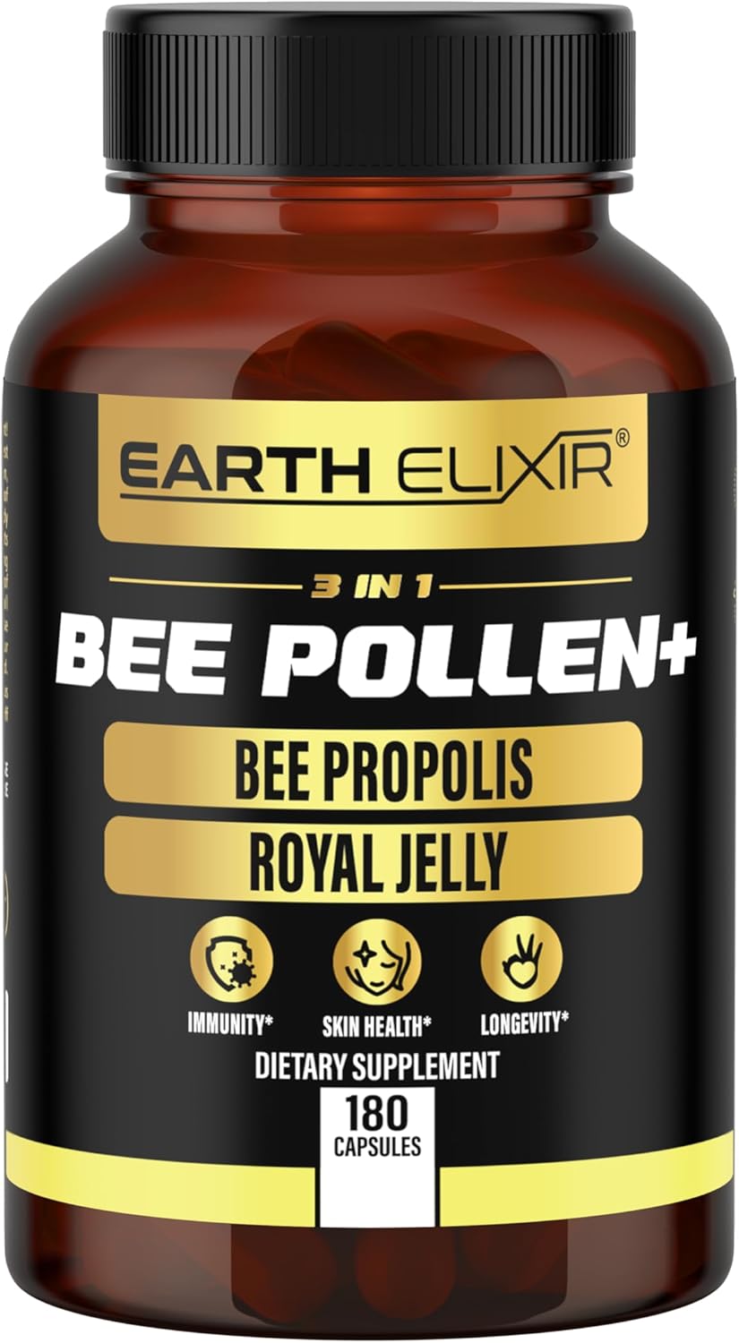 Organic Earth Elixir 3-in-1 Bee Pollen Capsules (180 Count) - Bee Propolis & Royal Jelly - Third Party Tested - Natural Bee Pollen Supplement - No Fillers