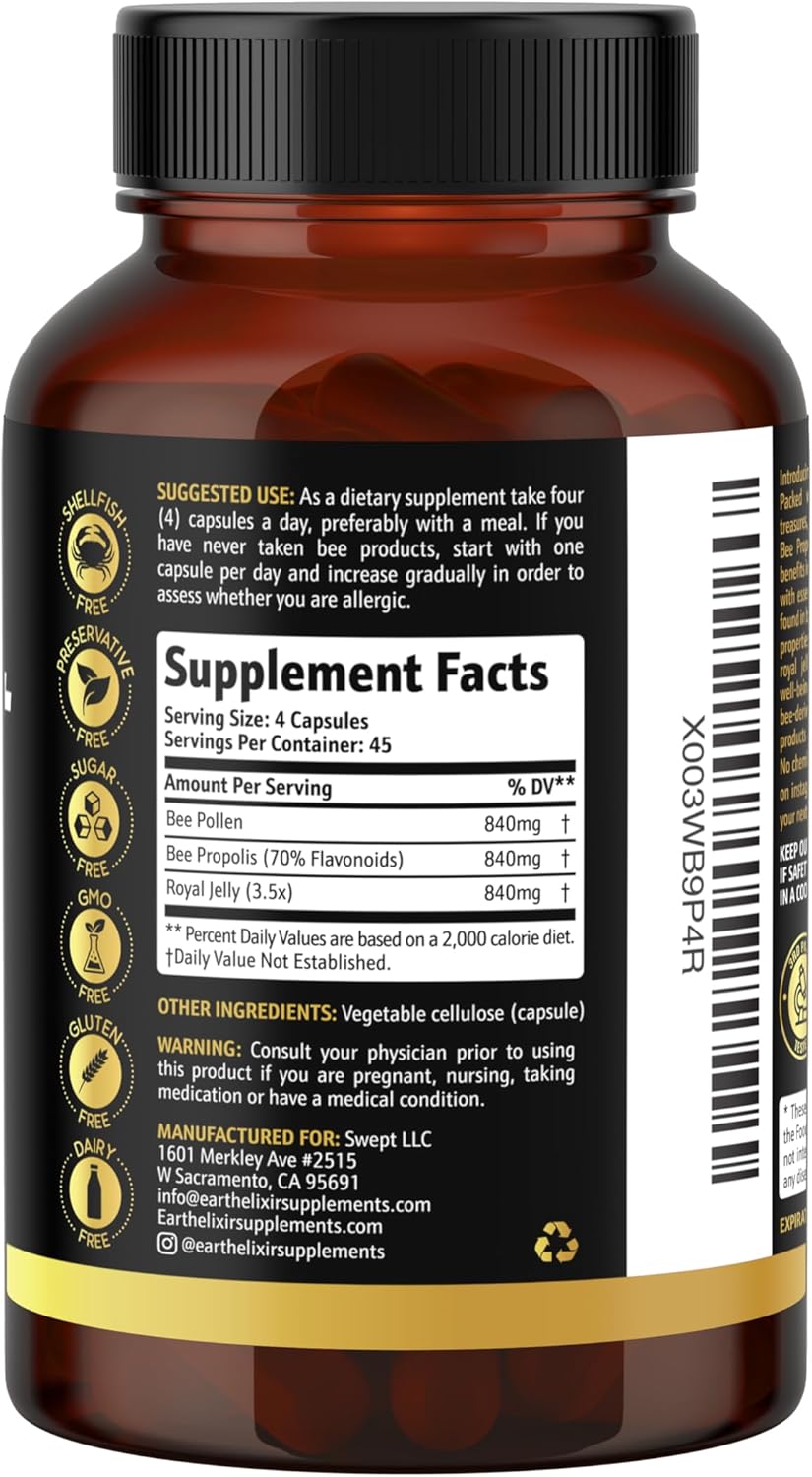 Organic Earth Elixir 3-in-1 Bee Pollen Capsules (180 Count) - Bee Propolis & Royal Jelly - Third Party Tested - Natural Bee Pollen Supplement - No Fillers