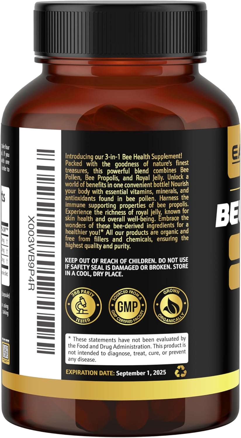 Organic Earth Elixir 3-in-1 Bee Pollen Capsules (180 Count) - Bee Propolis & Royal Jelly - Third Party Tested - Natural Bee Pollen Supplement - No Fillers