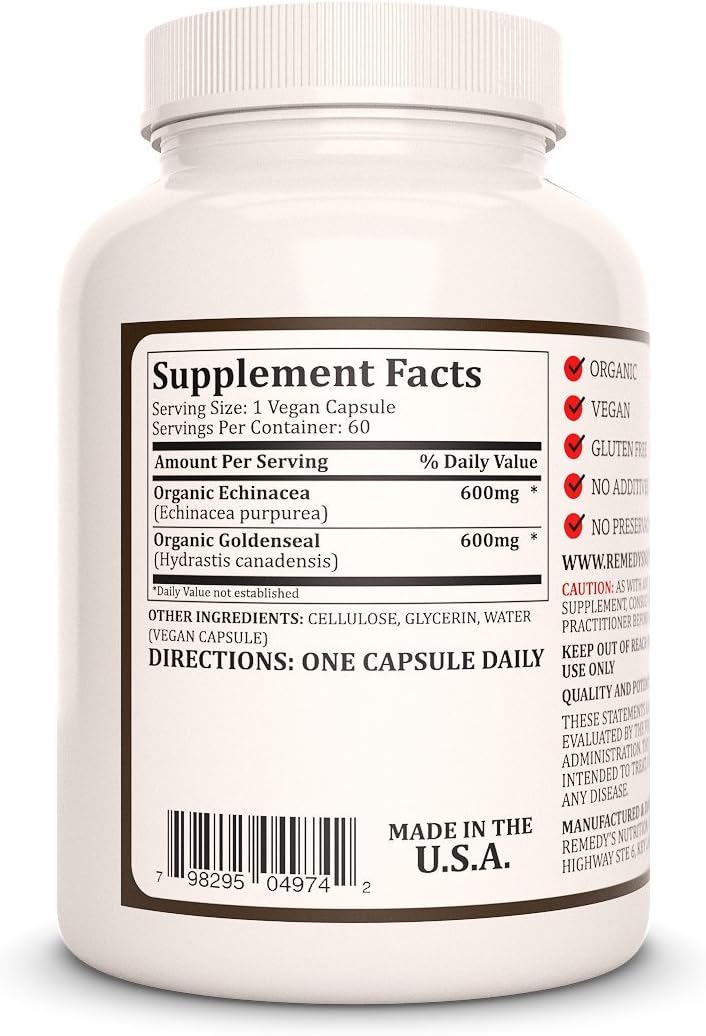 Organic Echinacea & Goldenseal Capsules | 1,000mg, 60 Vegan Pills | Herbal Dietary Supplement | Non-GMO, Gluten-Free, Dairy-Free