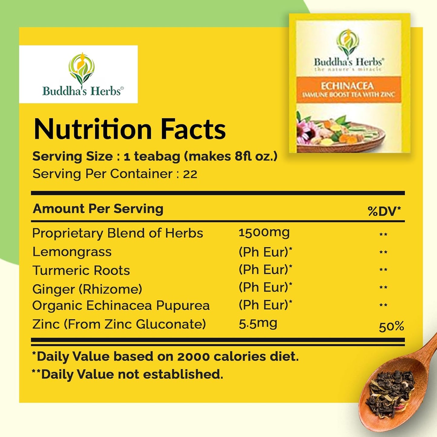 Organic Echinacea Herbal Tea Supplement with Zinc, Turmeric, Ginger & Lemongrass for Immune Support - 2 Pack, 44 Tea Bags by Buddha's Herbs