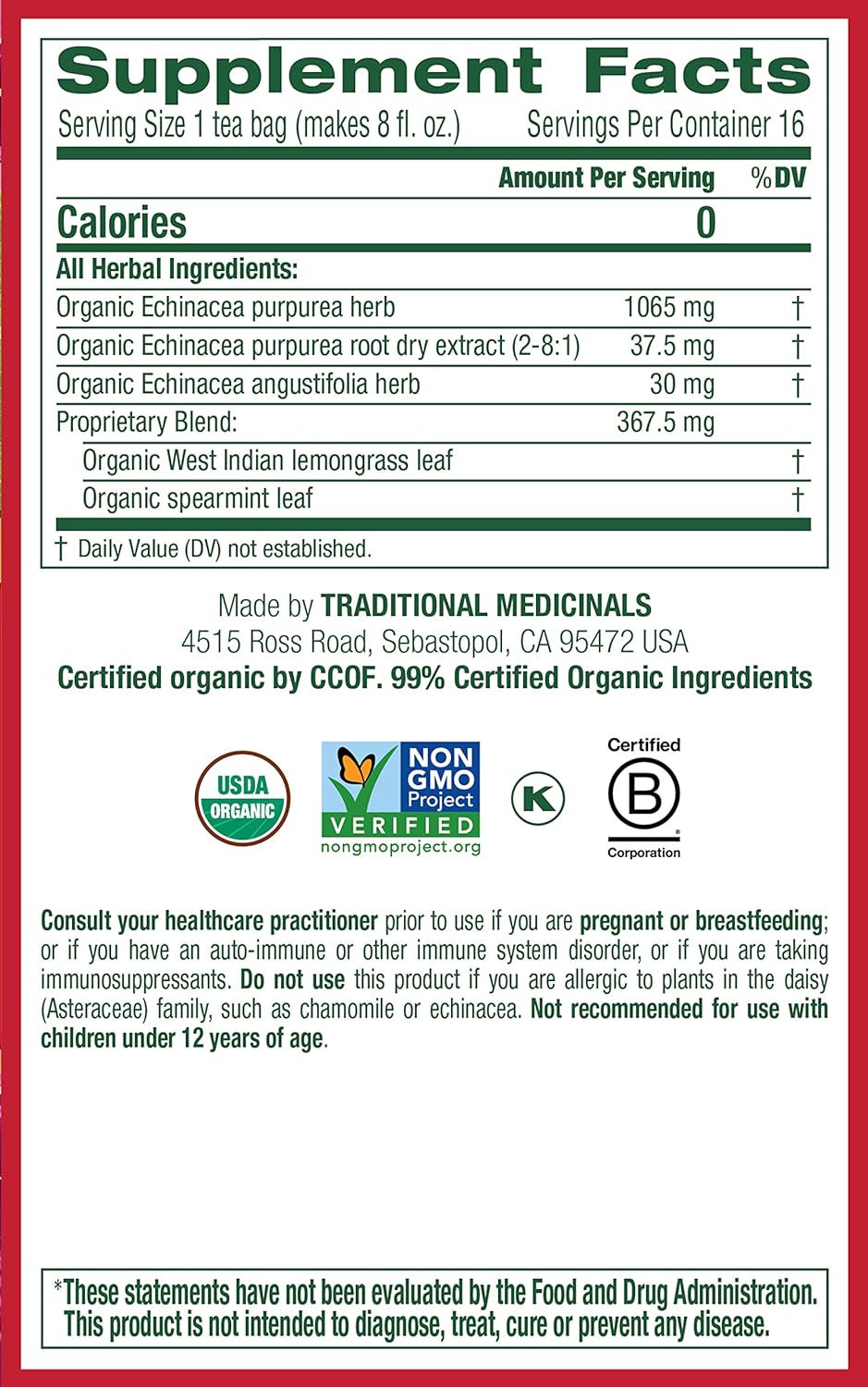 Organic Echinacea Plus Tea Bags - Traditional Medicinals (16 Count)