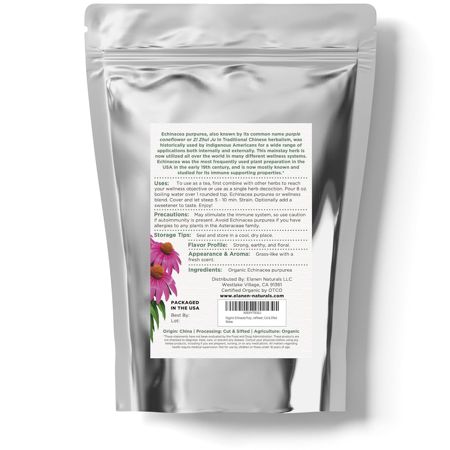 Organic Echinacea Purpurea Tea - USDA Certified 4 oz. (113g) - Premium Quality Herb Cut & Sifted - Purple Coneflower by Elanen Naturals