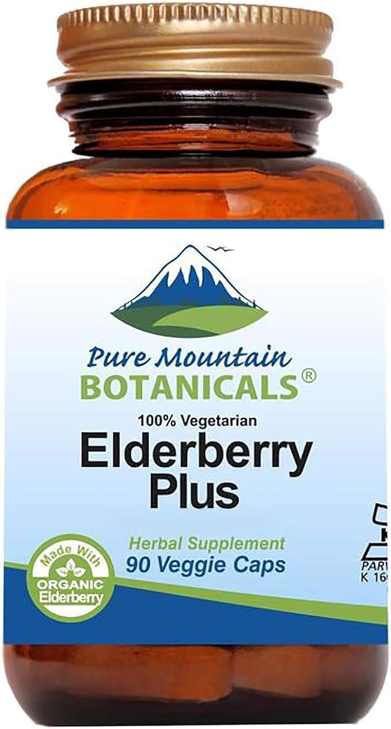 Organic Elderberry and Elderflower Vegan Kosher Capsules - 750mg Elderberry, 200mg Elderflower - Pure Mountain Botanicals