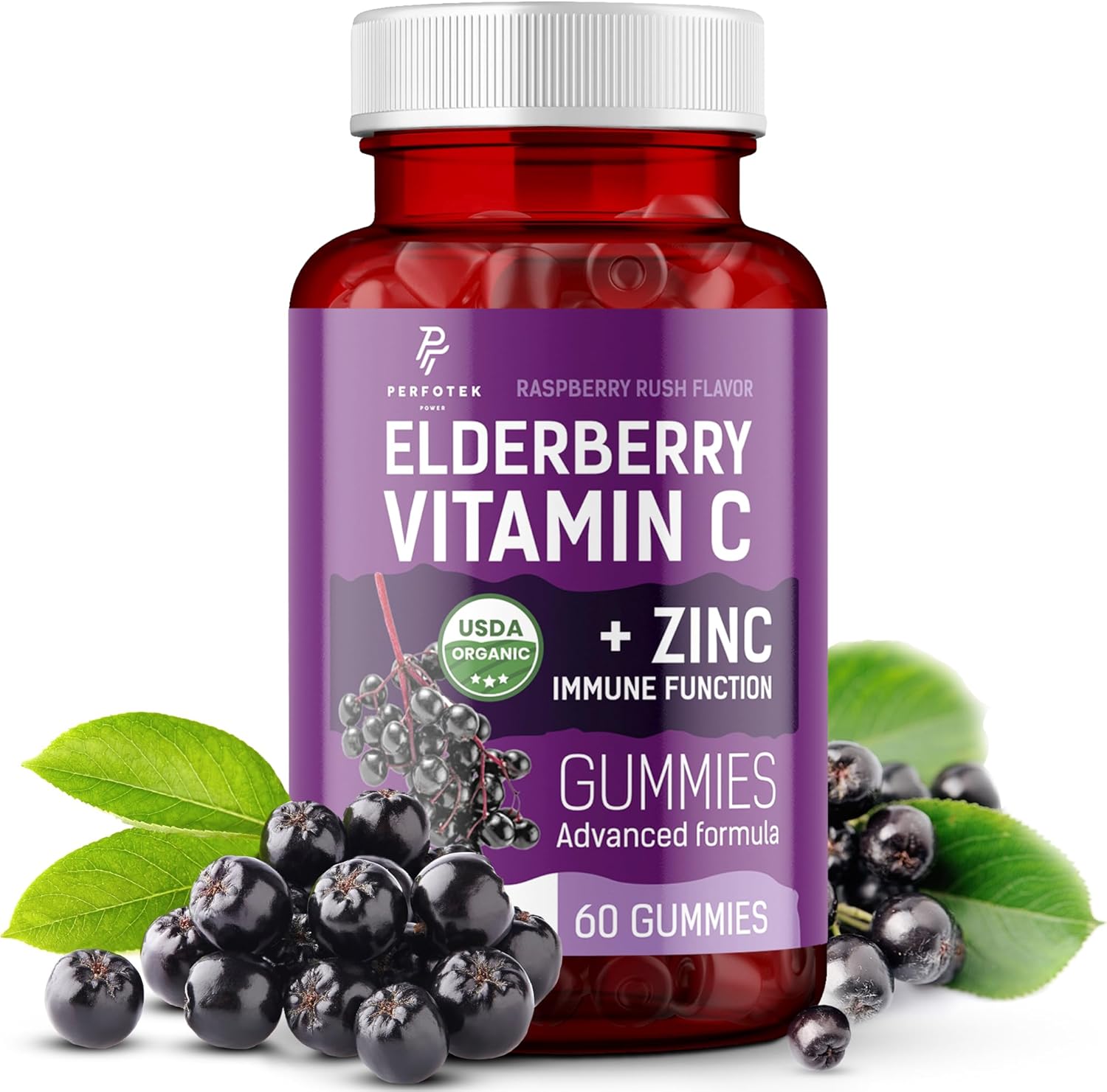 Organic Elderberry Gummies with Zinc & Vitamin C - Immune Support - Non GMO, Vegan, Gluten Free - 60 Gummies