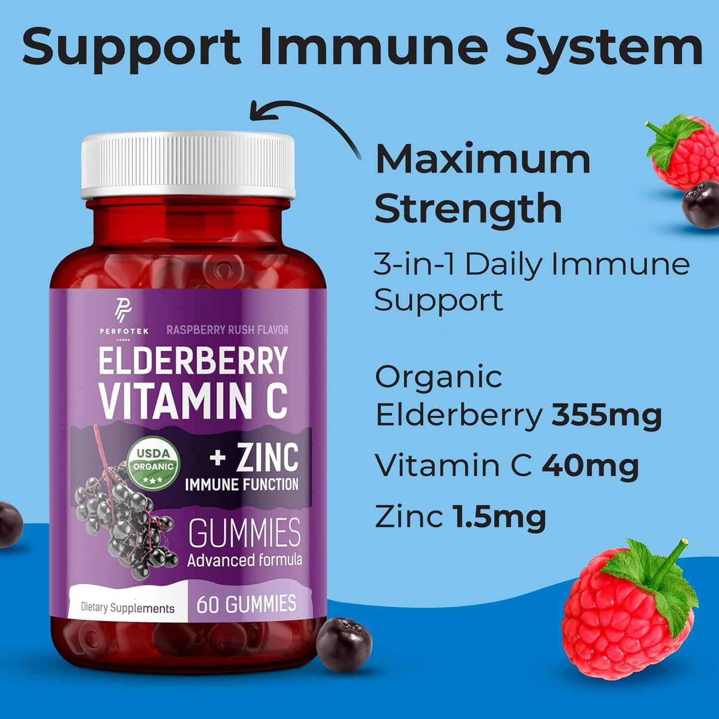 Organic Elderberry Gummies with Zinc & Vitamin C - Immune Support - Non GMO, Vegan, Gluten Free - 60 Gummies