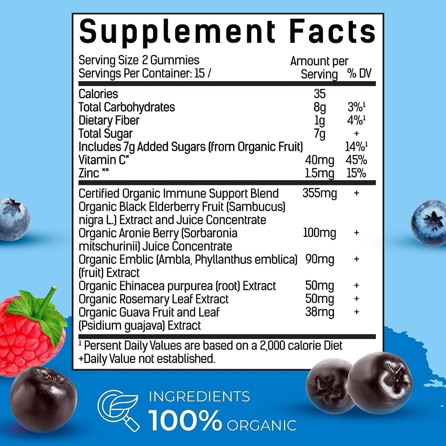 Organic Elderberry Gummies with Zinc & Vitamin C - Immune Support - Non GMO, Vegan, Gluten Free - 60 Gummies
