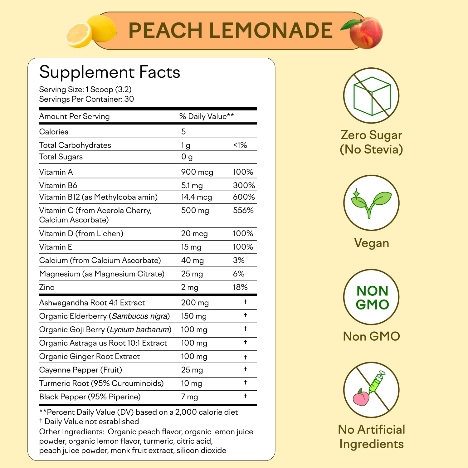 Organic Elderberry Immunity Drink Mix Powder with Vitamin C, A, B, D, E & Zinc - Vegan, Non GMO, Zero Sugar - Peach Lemonade Flavor, 30 Servings