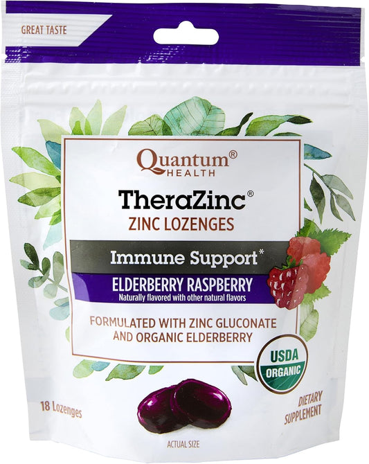 Organic Elderberry Sambucus Raspberry & Honey TheraZinc Lozenges for Immune Support - 18 Count