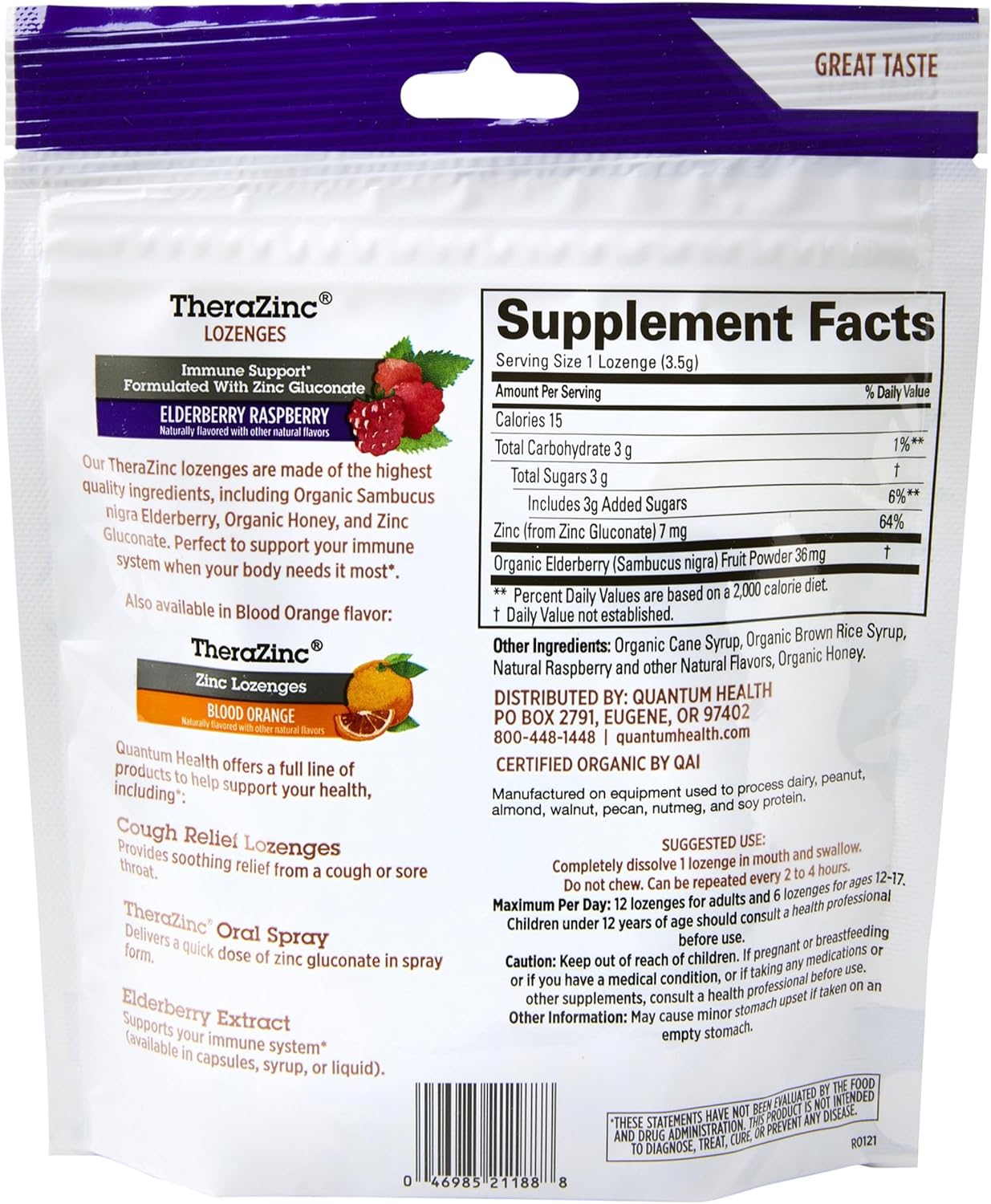 Organic Elderberry Sambucus Raspberry & Honey TheraZinc Lozenges for Immune Support - 18 Count