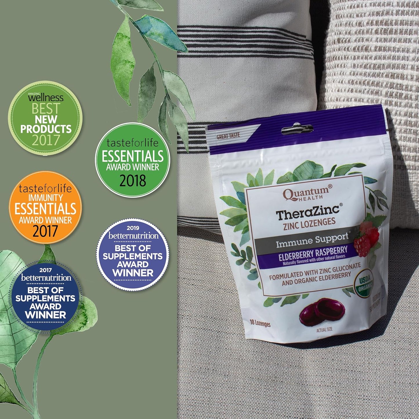 Organic Elderberry Sambucus Raspberry & Honey TheraZinc Lozenges for Immune Support - 18 Count