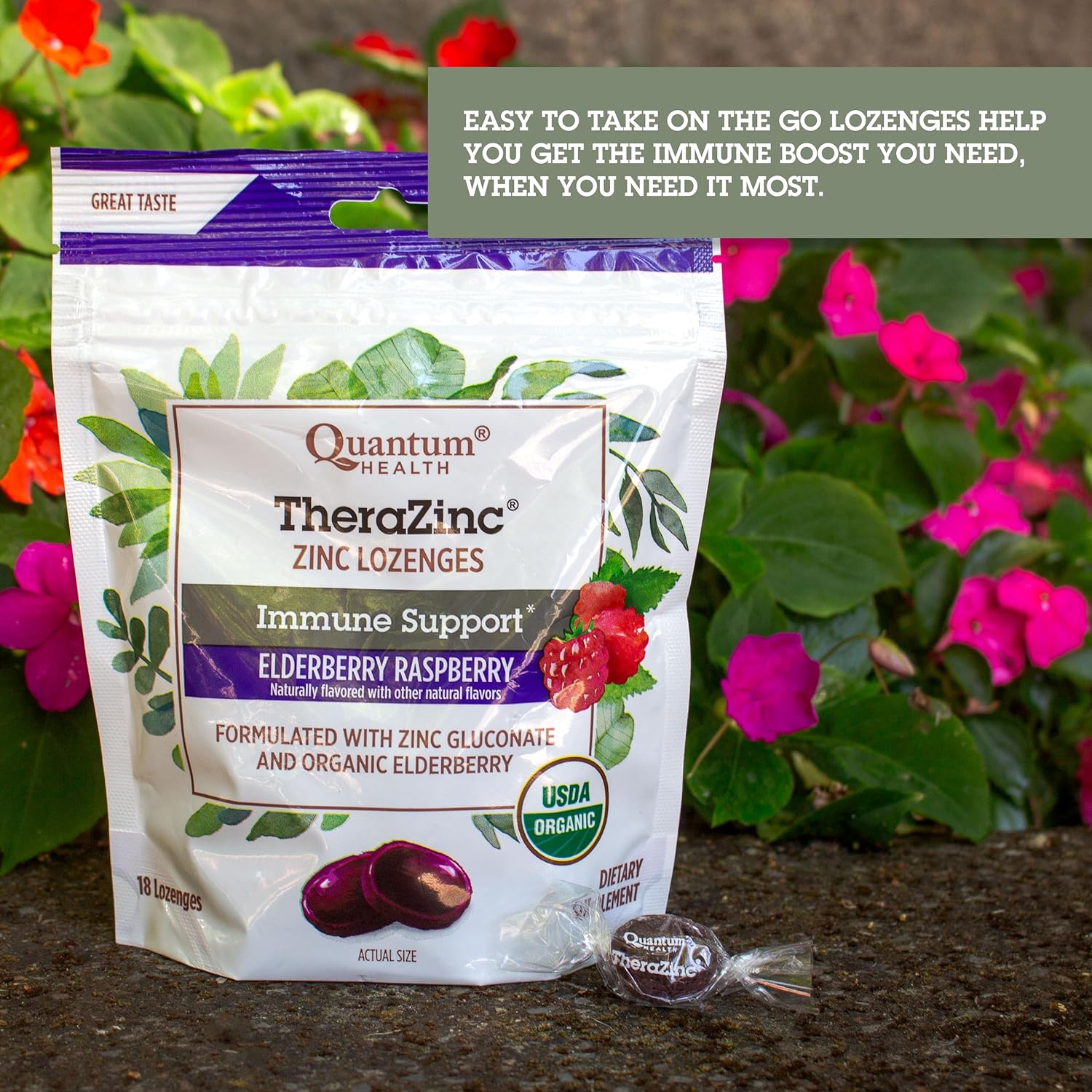 Organic Elderberry Sambucus Raspberry & Honey TheraZinc Lozenges for Immune Support - 18 Count
