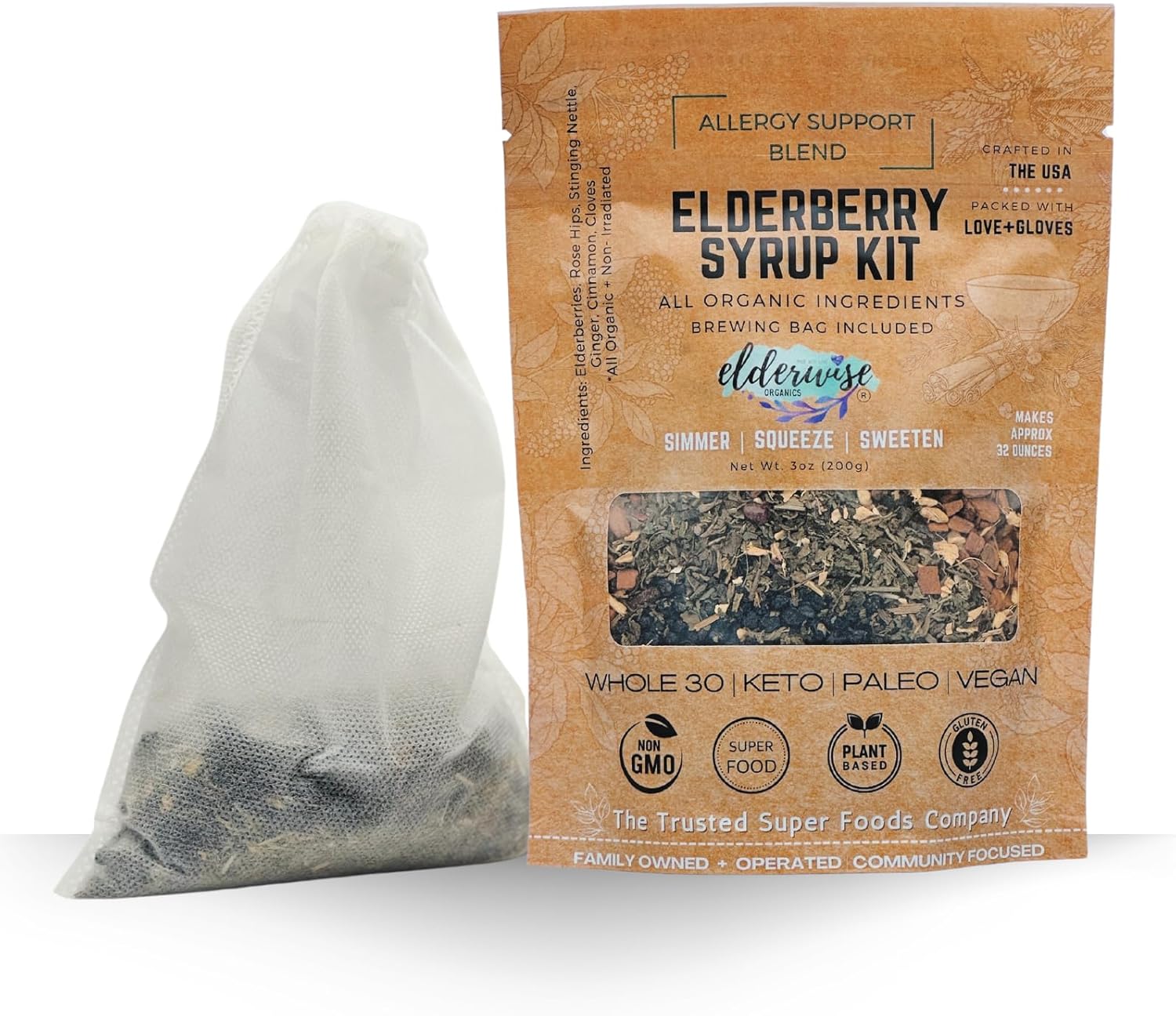 Organic Elderberry Syrup Kit for Allergy Support - Makes 32oz - Brewing Bag Included - Elderberries, Rosehips, Ginger, Nettle - Elderwise Organics