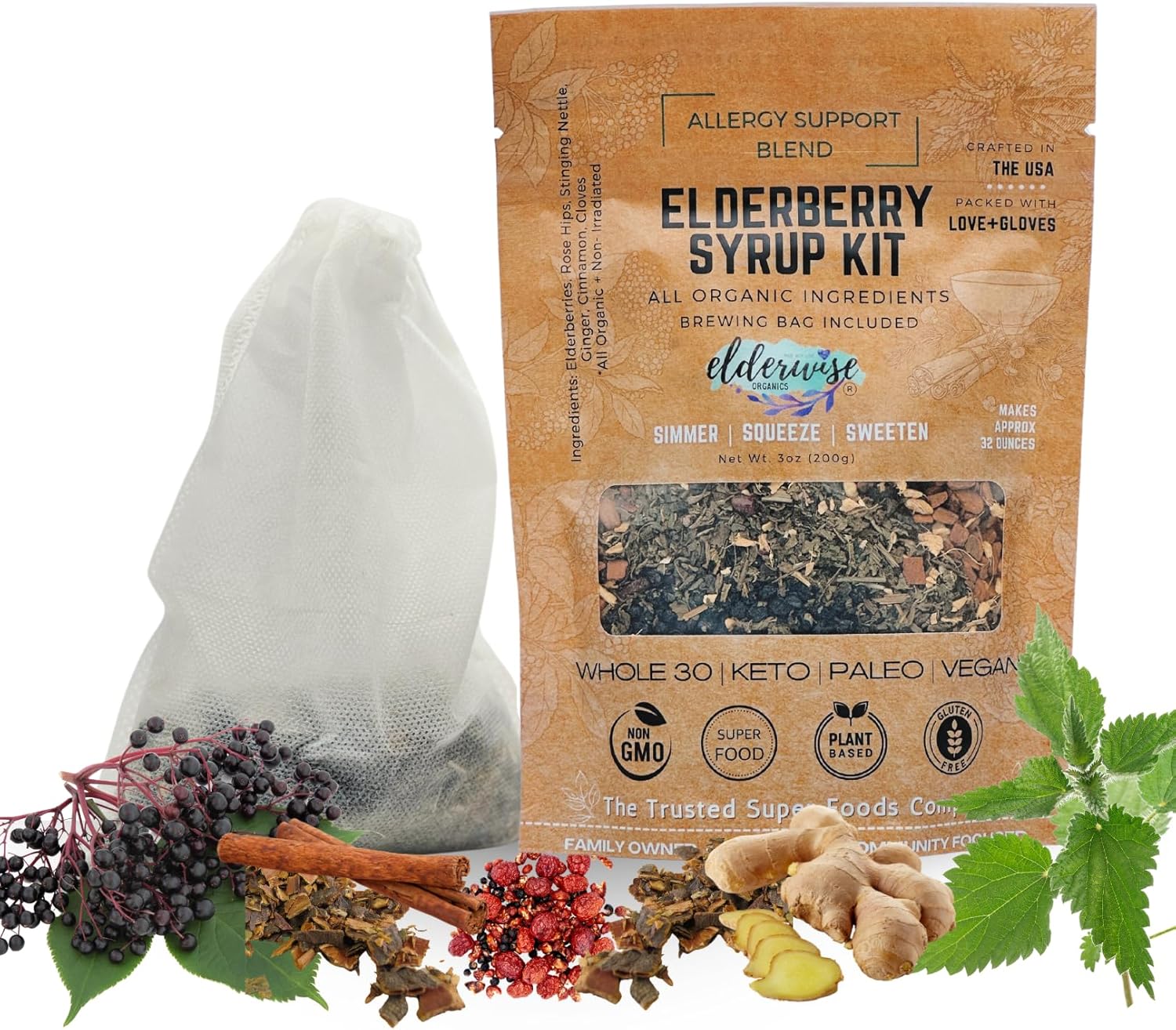 Organic Elderberry Syrup Kit for Allergy Support - Makes 32oz - Brewing Bag Included - Elderberries, Rosehips, Ginger, Nettle - Elderwise Organics