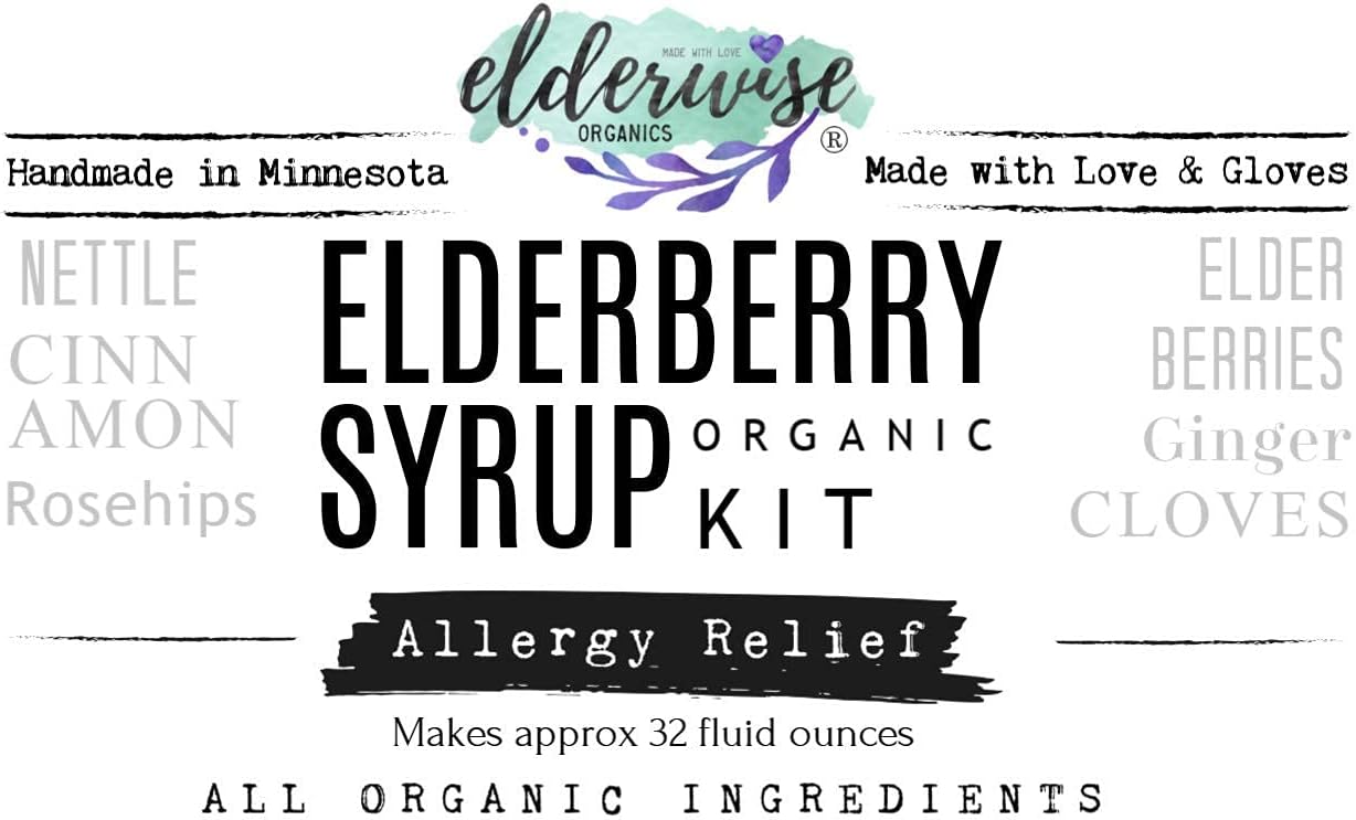 Organic Elderberry Syrup Kit for Allergy Support - Makes 32oz - Brewing Bag Included - Elderberries, Rosehips, Ginger, Nettle - Elderwise Organics