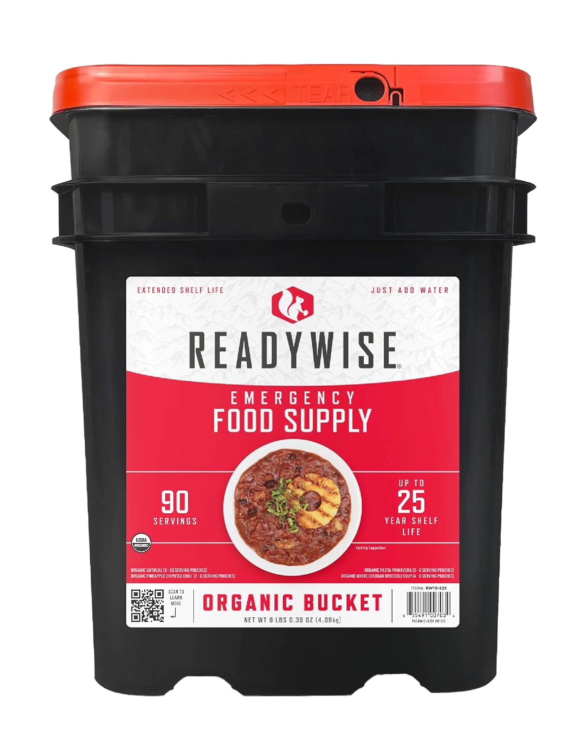 Organic Emergency Food Supply Bucket - 90 Servings, MRE Meals, Freeze Dried Survival Food for Camping & Hiking - 25 Year Shelf Life