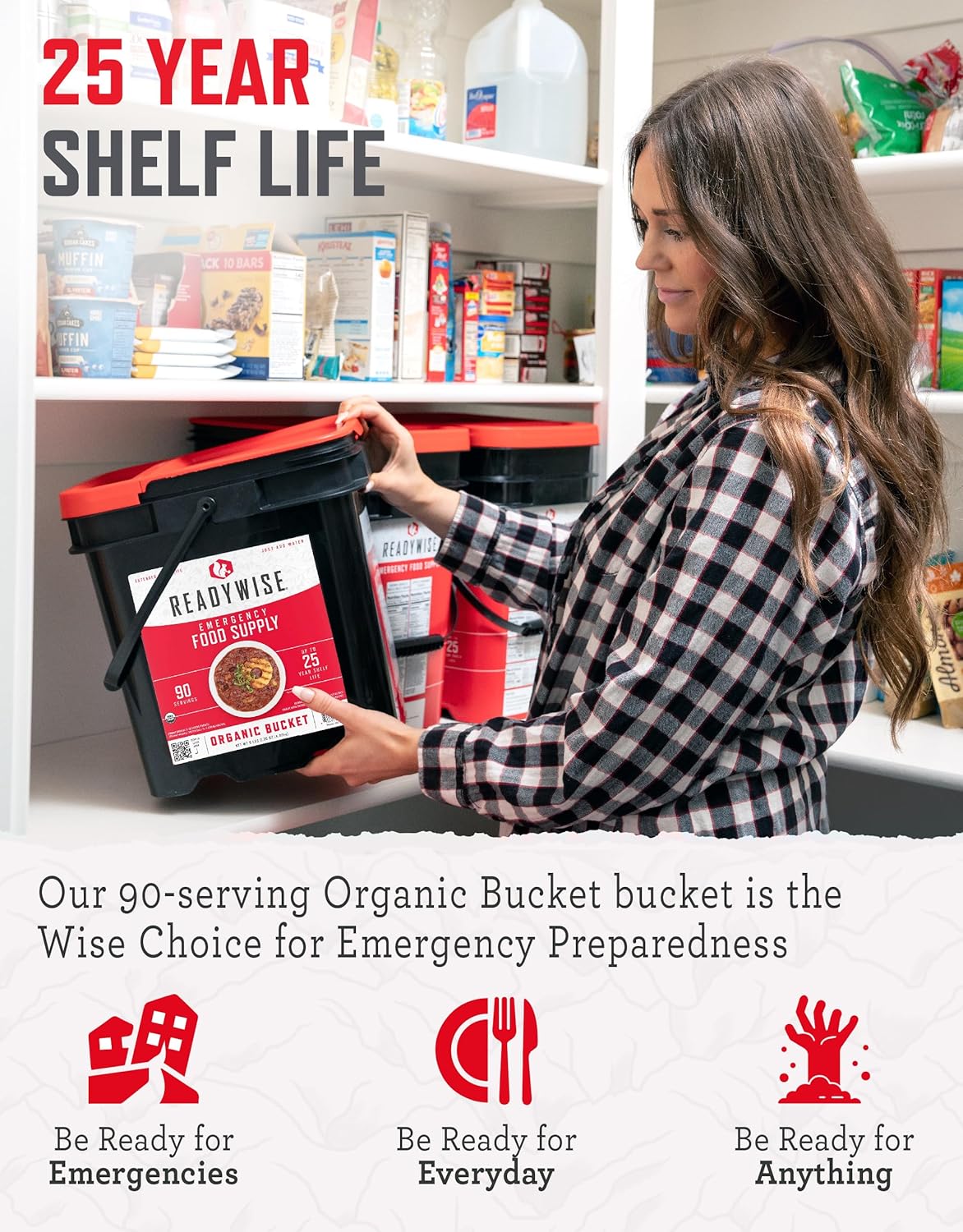 Organic Emergency Food Supply Bucket - 90 Servings, MRE Meals, Freeze Dried Survival Food for Camping & Hiking - 25 Year Shelf Life