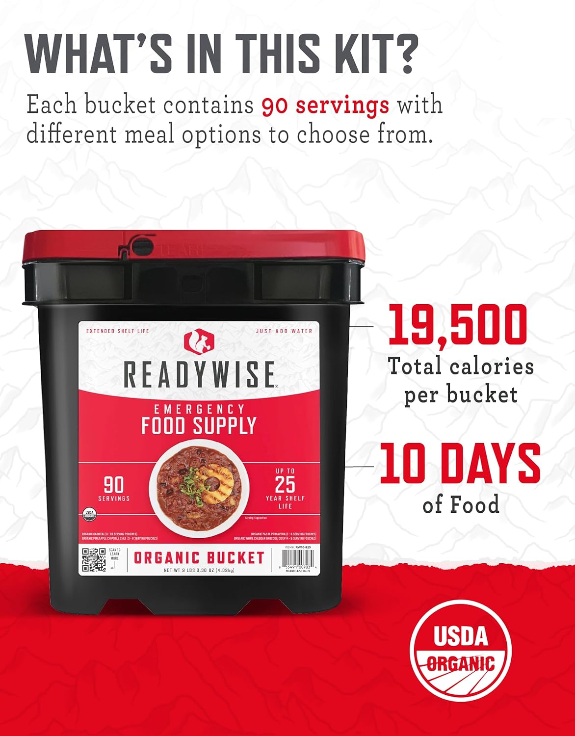 Organic Emergency Food Supply Bucket - 90 Servings, MRE Meals, Freeze Dried Survival Food for Camping & Hiking - 25 Year Shelf Life