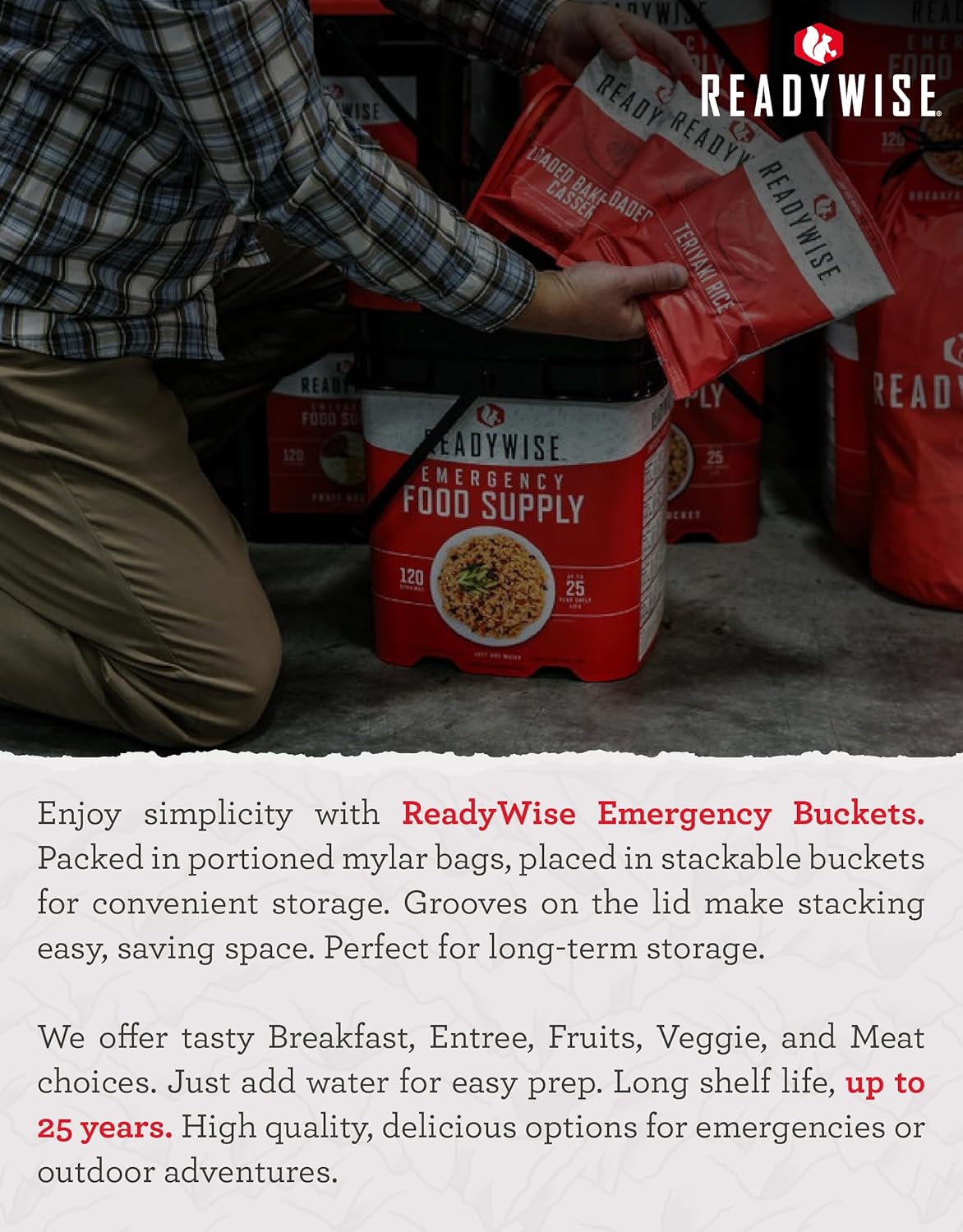 Organic Emergency Food Supply Bucket - 90 Servings, MRE Meals, Freeze Dried Survival Food for Camping & Hiking - 25 Year Shelf Life