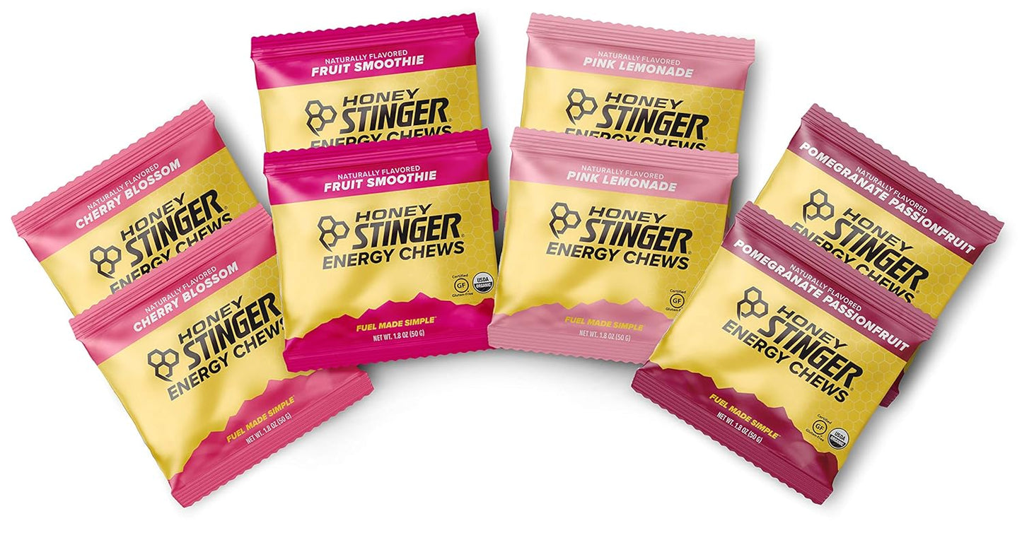 Organic Energy Chews Variety Pack - 8 Count with Sticker - Chewy Gummy Energy Source for Any Activity - Pink Lemonade, Fruit Smoothie, Pomegranate Passionfruit, Cherry Blossom - by Honey Stinger