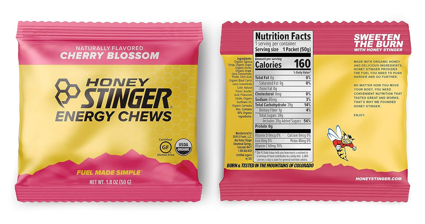 Organic Energy Chews Variety Pack - 8 Count with Sticker - Chewy Gummy Energy Source for Any Activity - Pink Lemonade, Fruit Smoothie, Pomegranate Passionfruit, Cherry Blossom - by Honey Stinger