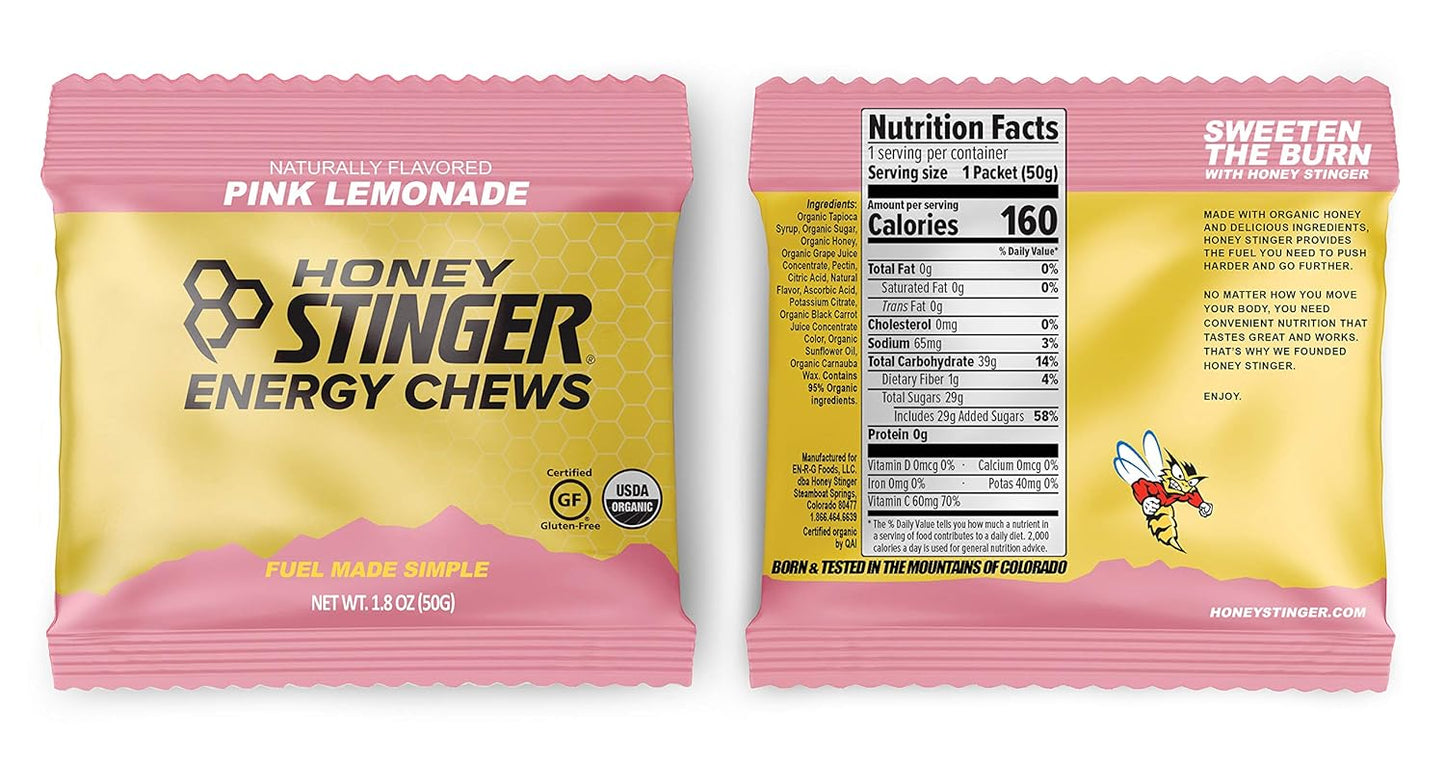 Organic Energy Chews Variety Pack - 8 Count with Sticker - Chewy Gummy Energy Source for Any Activity - Pink Lemonade, Fruit Smoothie, Pomegranate Passionfruit, Cherry Blossom - by Honey Stinger