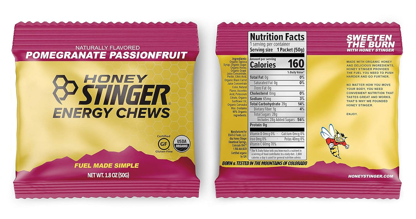 Organic Energy Chews Variety Pack - 8 Count with Sticker - Chewy Gummy Energy Source for Any Activity - Pink Lemonade, Fruit Smoothie, Pomegranate Passionfruit, Cherry Blossom - by Honey Stinger
